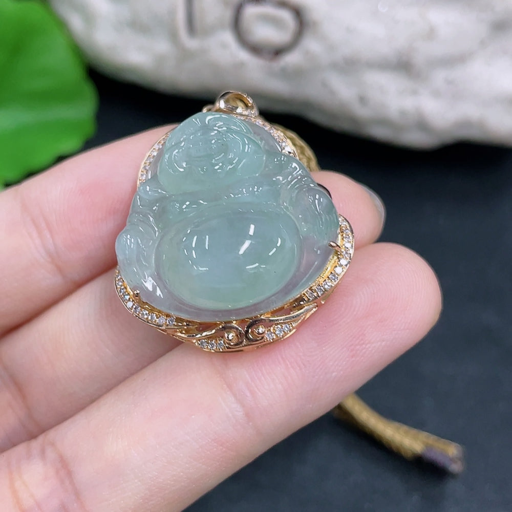 Jadeite Pendant Buddha with 18K Gold and Diamond Accents, Including Rope
