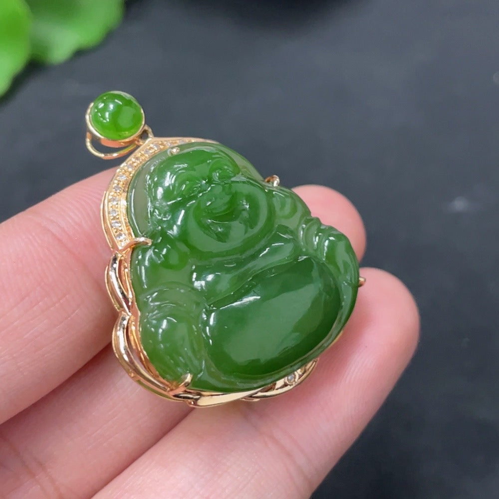 Hetian jade Buddha pendant in 18K gold with diamond accents, crafted by HKHQ, featuring a detailed jade Buddha figure.