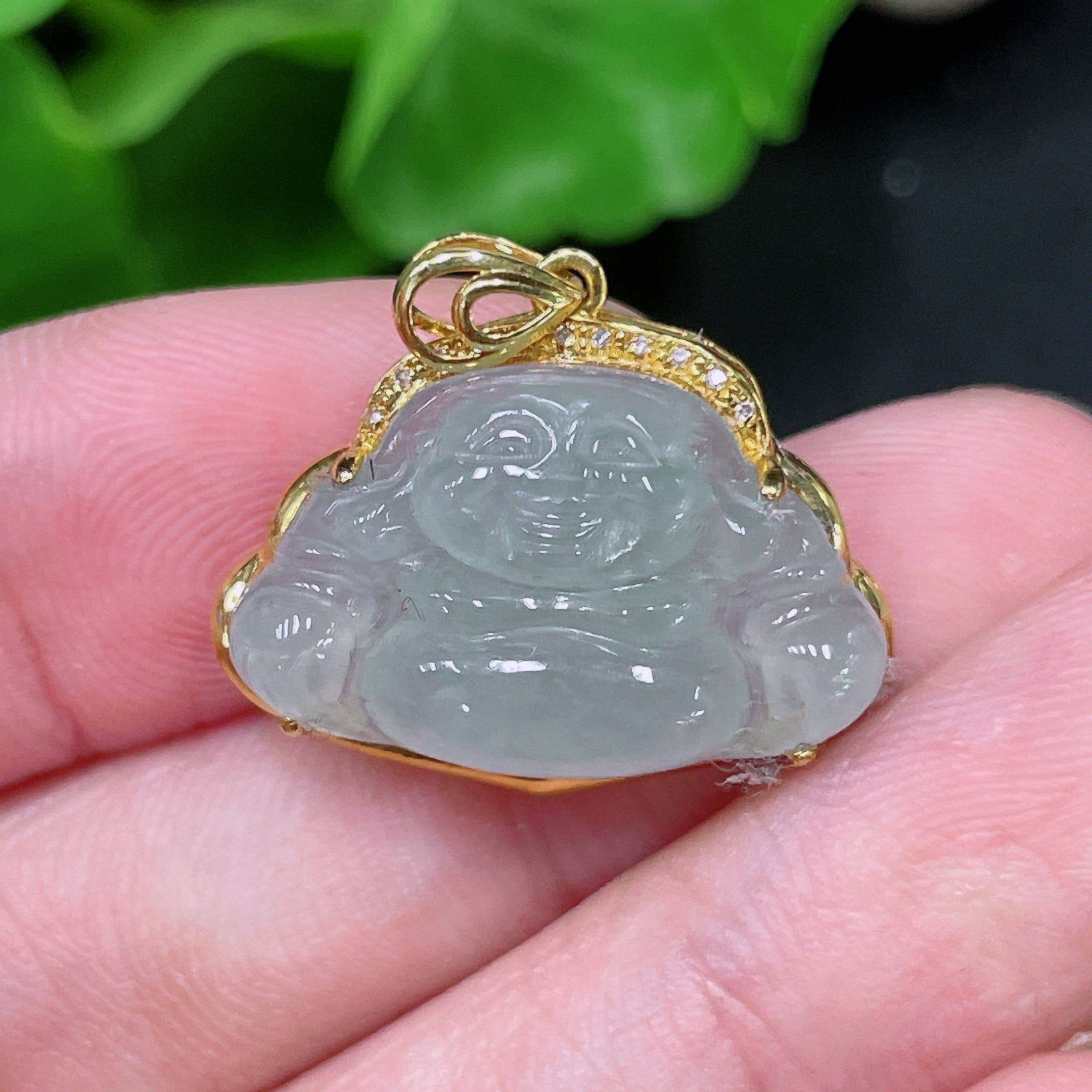 Jadeite Buddha Pendant 18K Gold Total Weight Approx. 2.6g (With Diamond Accents)