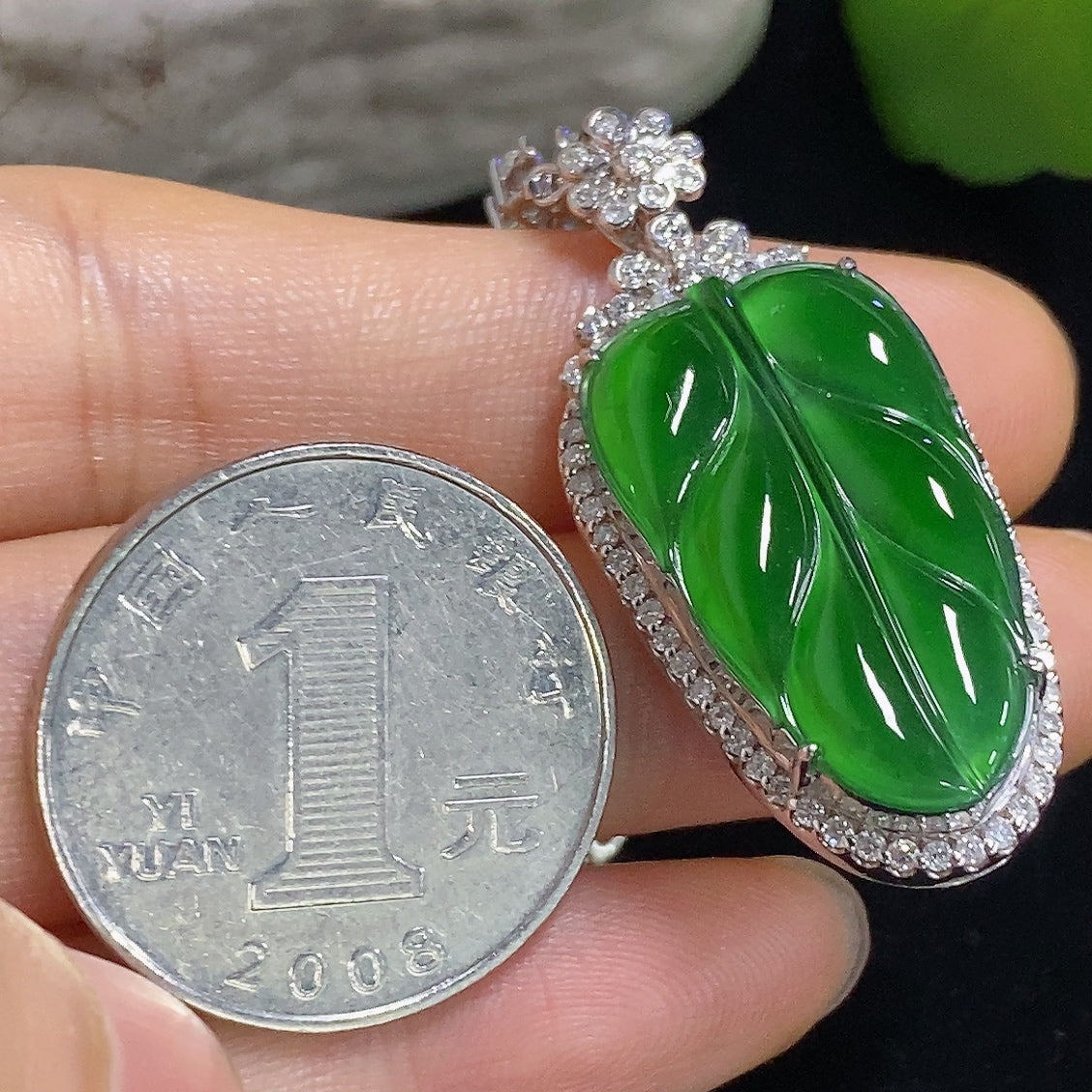 Jadeite Pendant Leaf 18k with Diamond Accents Total Weight Including Chain Approx. 19.7g
