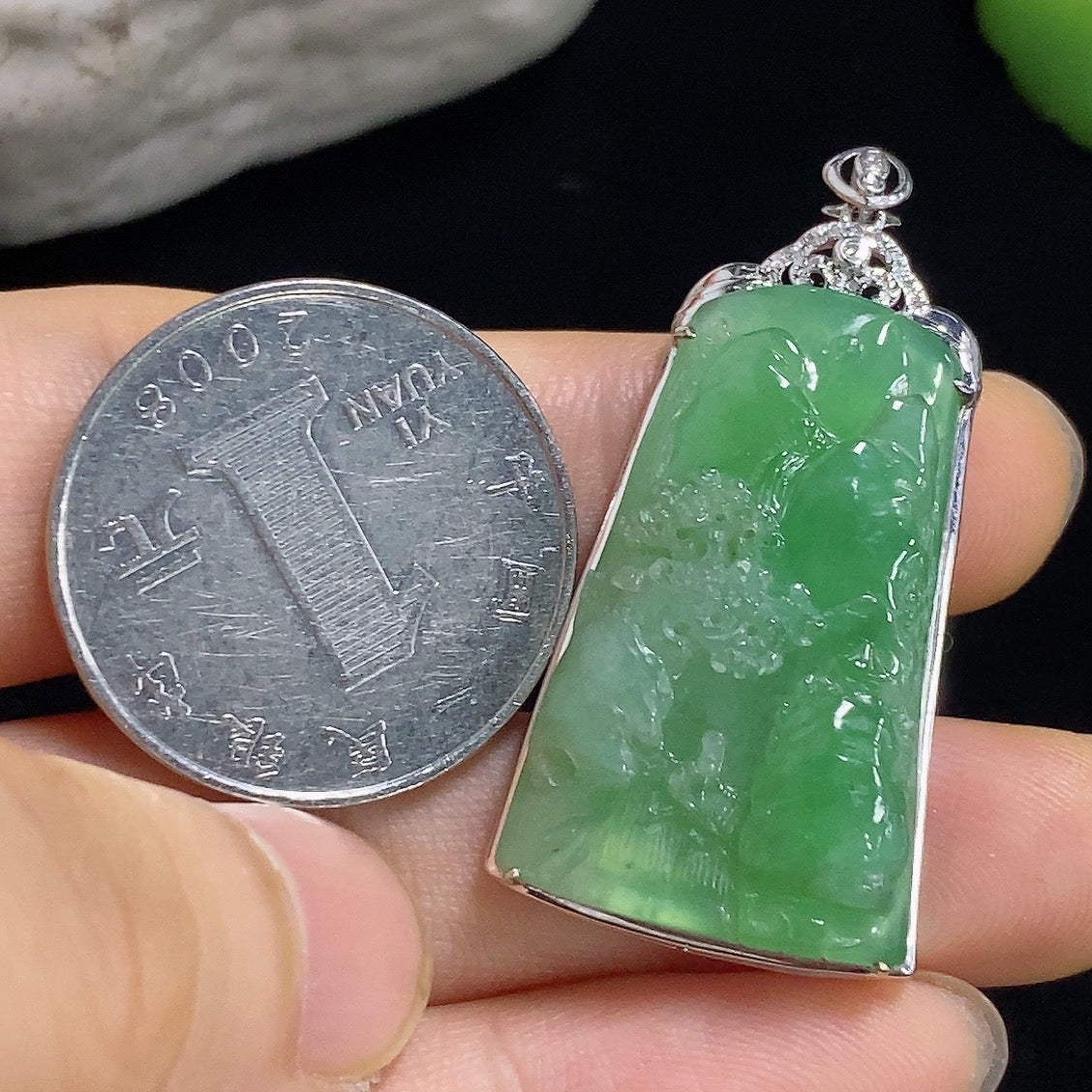 Jadeite Landscape Inlaid Pendant 18K with Diamond Accents