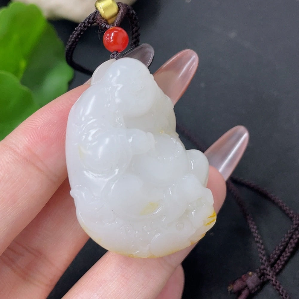 Hetian Jade Pendant - Buddha Statue, Undetermined Skin Color Origin, Contains Other Mineral Components, Beads Not Hetian Jade, Total Weight Approximately (Including Cord) 28.8g