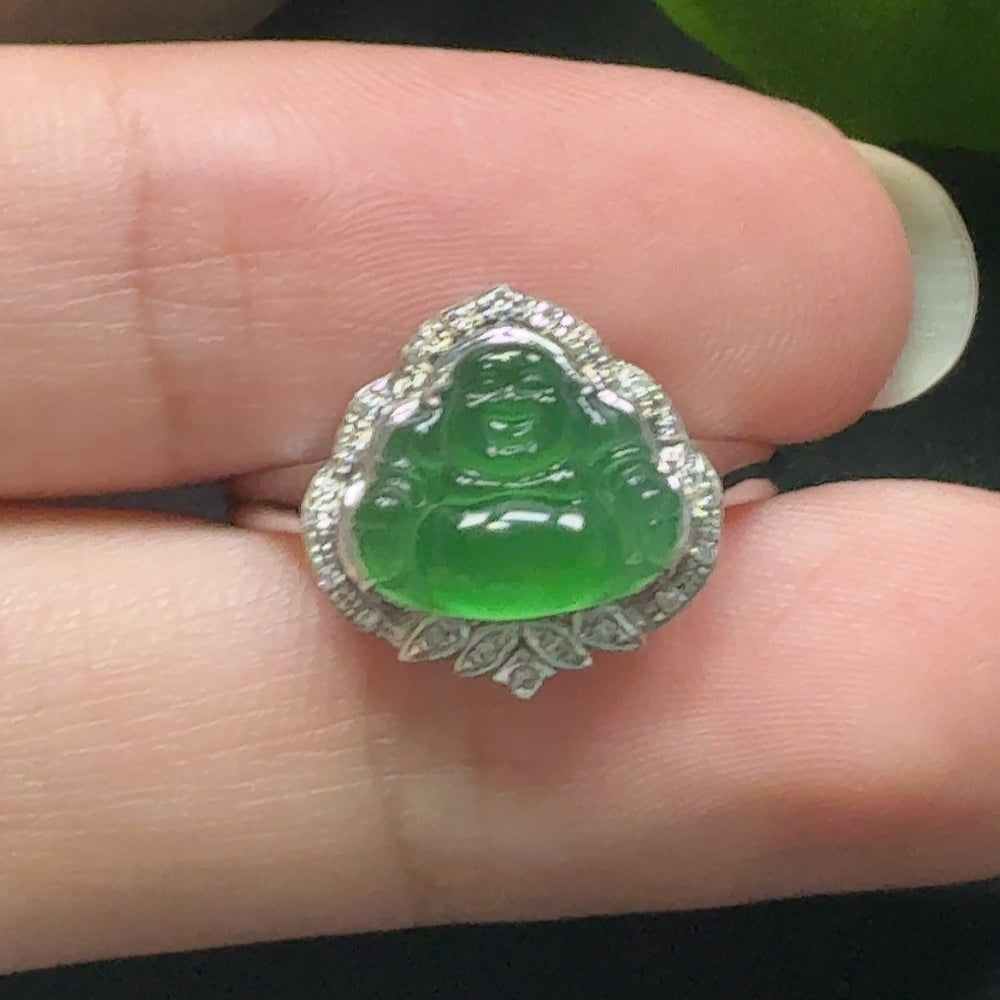 Jadeite Buddha ring with 18k gold accents and diamond details, size 15, HKHQ jewelry, showcasing intricate design and craftsmanship.
