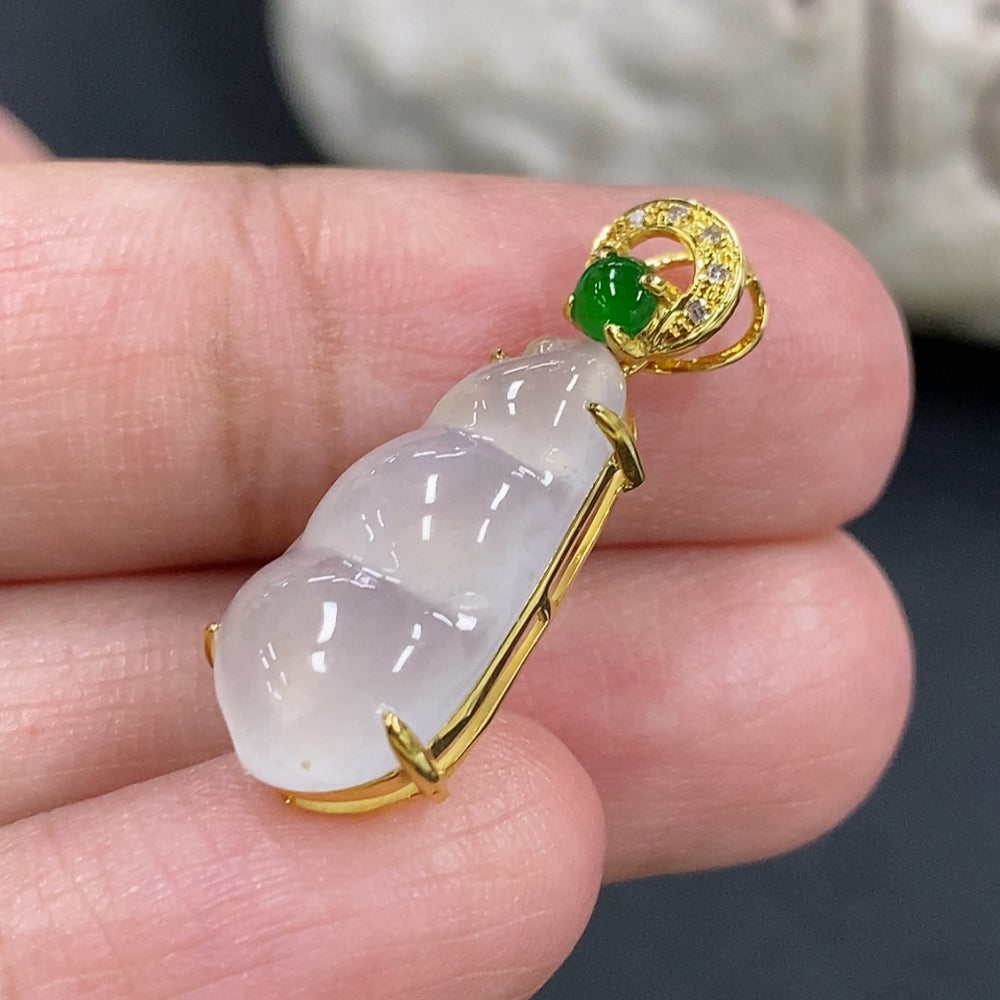 Jadeite Blessed Bean Pendant, 18K Gold Setting with Diamond Accents