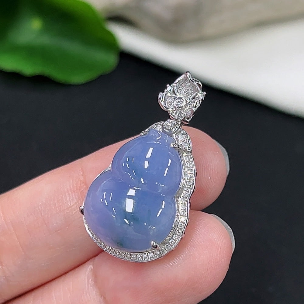Jadeite gourd pendant necklace by HKHQ with 18k gold and diamond accents, shown against a neutral background.