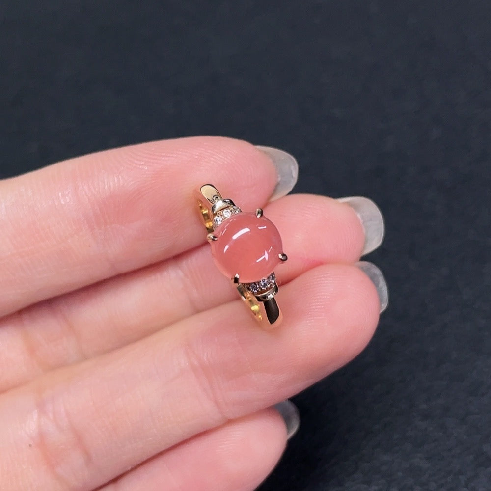 Rhodochrosite Inlaid Ring 18K Gold Diamond Accents