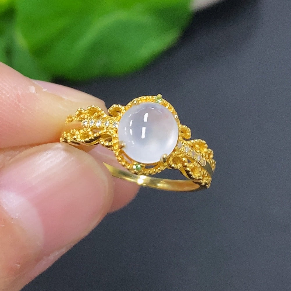 Jadeite Cabochon Ring with 18K Gold Size 13 Total Weight Approx. 1.7g (Accented with Diamonds)
