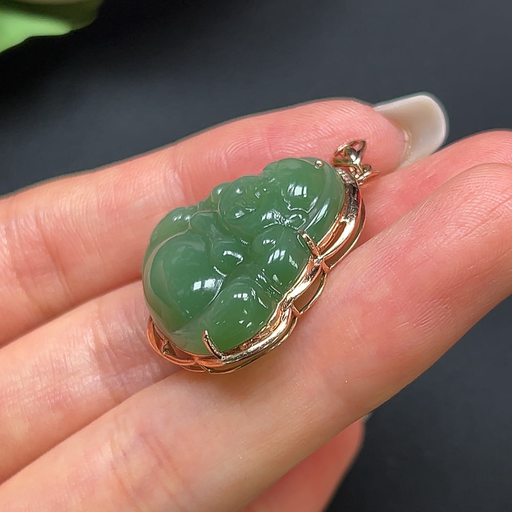 Hetian Jade Buddha Pendant with 18K Gold and Diamond Inlays