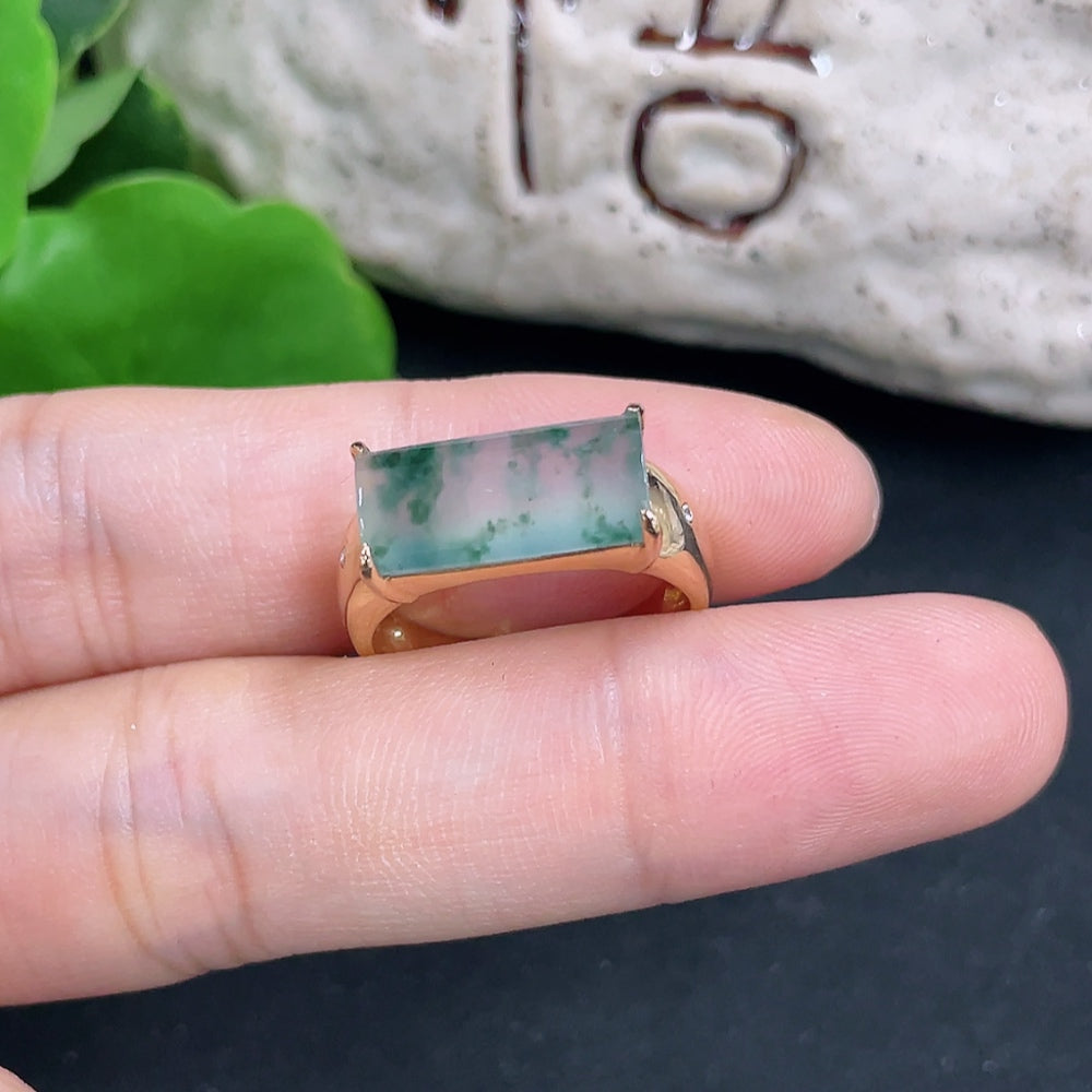 Jadeite plain pendant ring in 18k gold with diamond accents, unmarked, size 14, approximately 3.9g, by HKHQ.