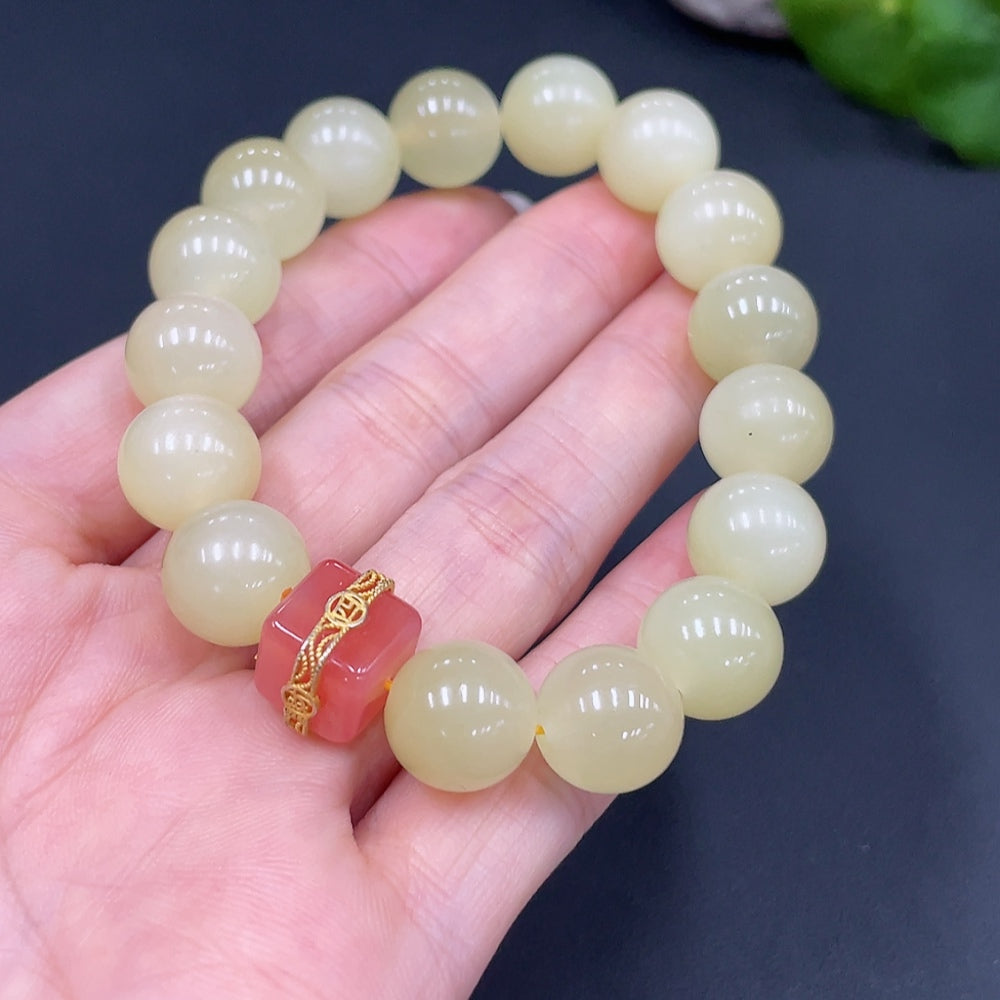 Hetian Jade Beaded Bracelet, Approx. 12mm, Total Weight Approx. 46.6g, Non-Hetian Jade Beads Included
