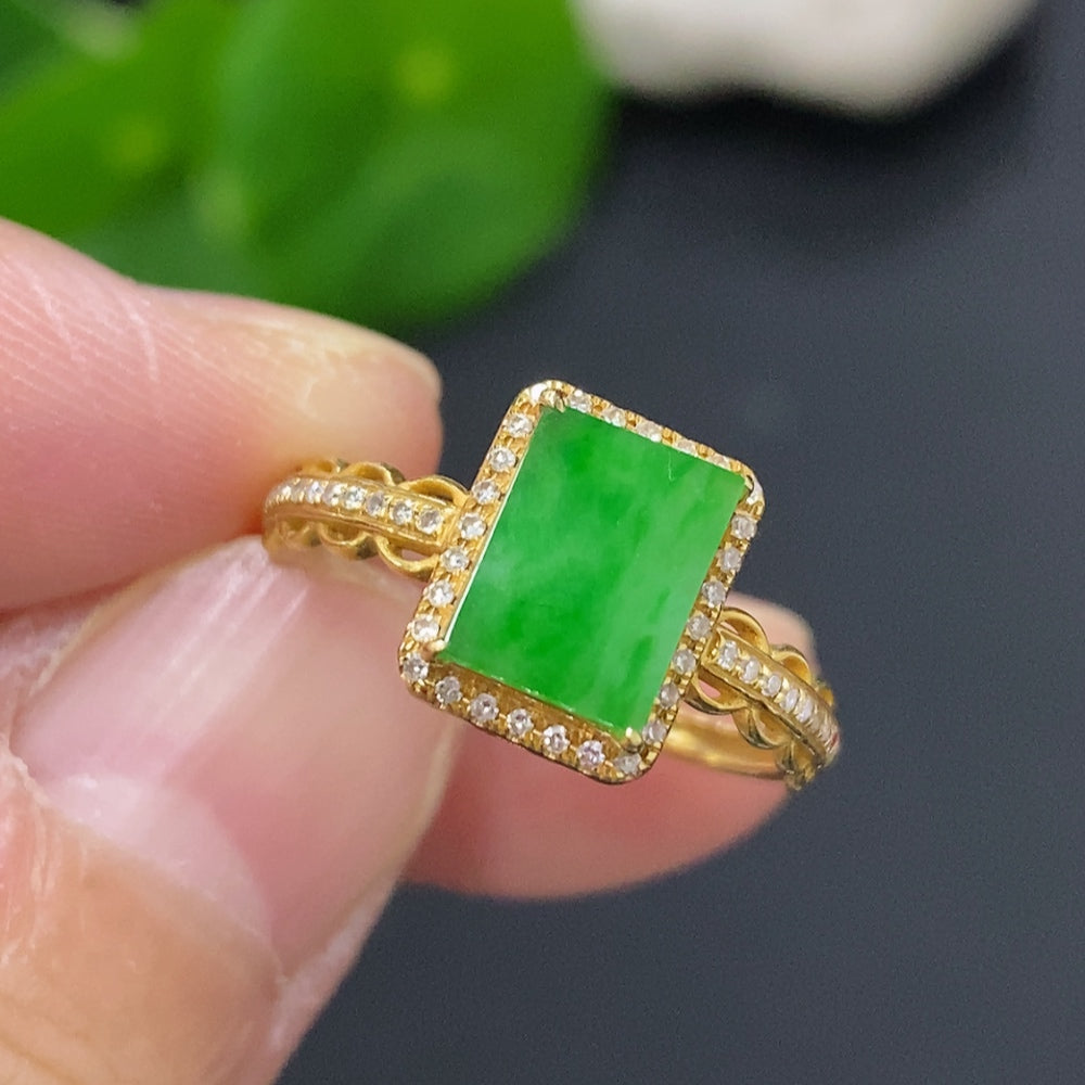 18K gold jadeite ring with diamond accents, size 14, HKHQ jewelry, featuring intricate inlaid jade design and delicate craftsmanship