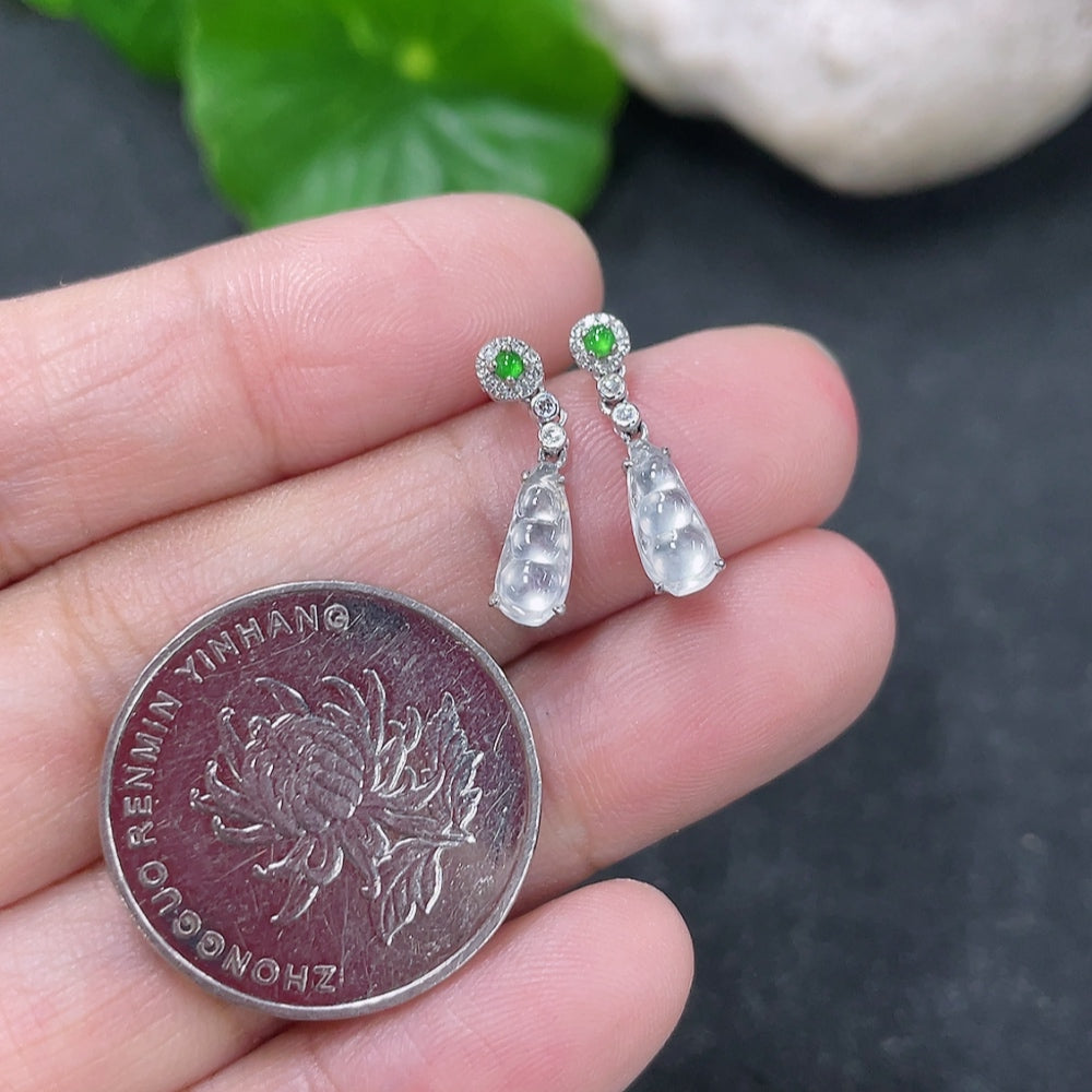 HKHQ jadeite lucky bean stud earrings with 18K gold setting and diamond accents, featuring a delicate jade design.