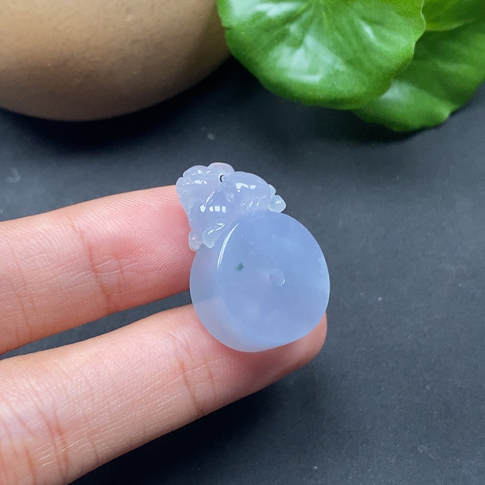 Jadeite pendant featuring a Pixiu design from HKHQ, showcasing smooth green jade with intricate carved details.