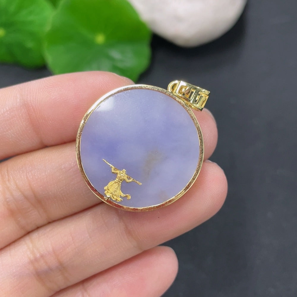 Jadeite plain pendant necklace with 18k gold setting, HKHQ brand, showcasing a smooth jadeite pendant on a delicate chain.