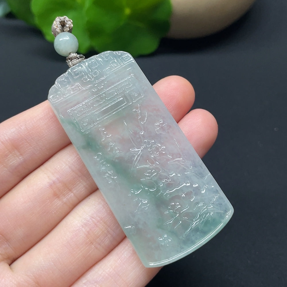 Jadeite Three Friends of Winter plaque with cord, featuring carved winter scenes, weighing approximately 17.89g, by HKHQ.