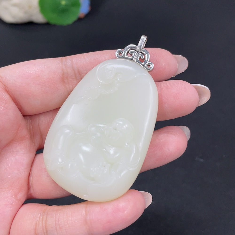 Hetian Jade Inlaid Pendant - Buddha, Total Weight Approx. 52.5g, Non-Gold