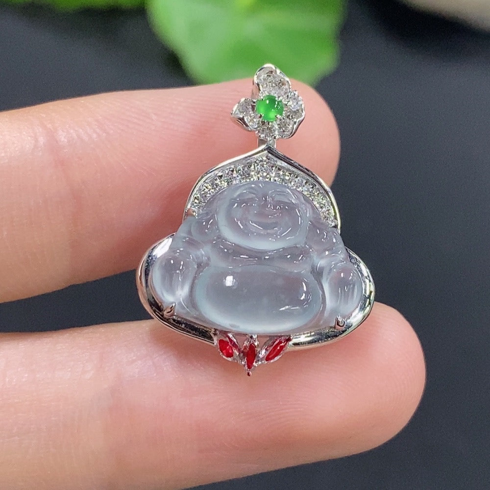 Jadeite Buddha Pendant with 18k Gold Setting, 3 Non-Diamond Accents