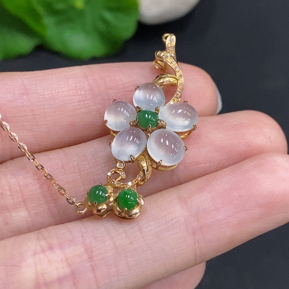 Jadeite Cabochon Pendant with 74% Gold Content, Total Weight Approx. 4g (Including Chain), Accented with Diamonds