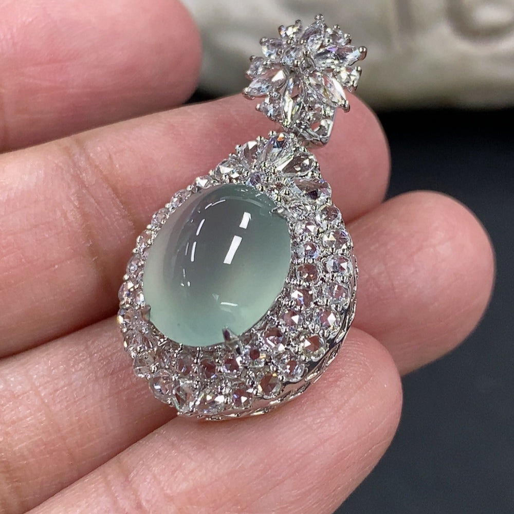 Jadeite Cabochon Pendant Set in 18K Gold with Diamond Accents