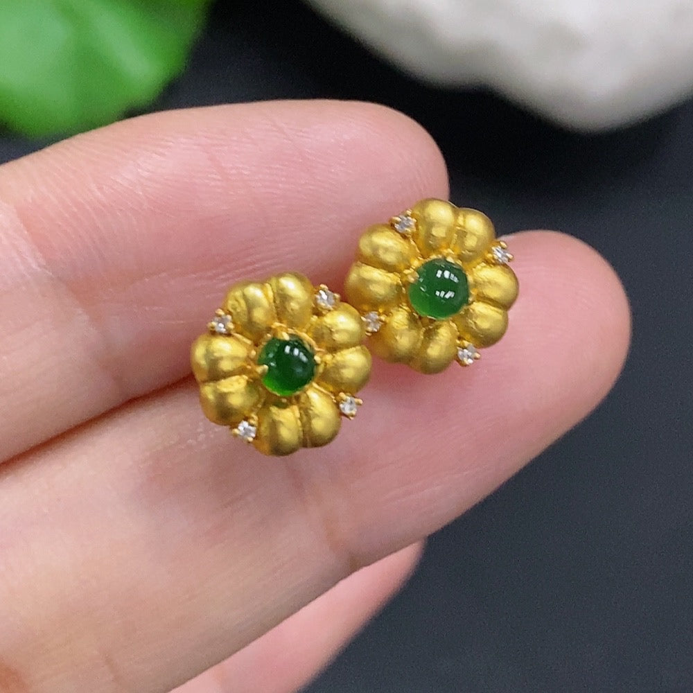 Jadeite Cabochon Stud Earrings 18k Gold Total Weight Approx.1.2g
