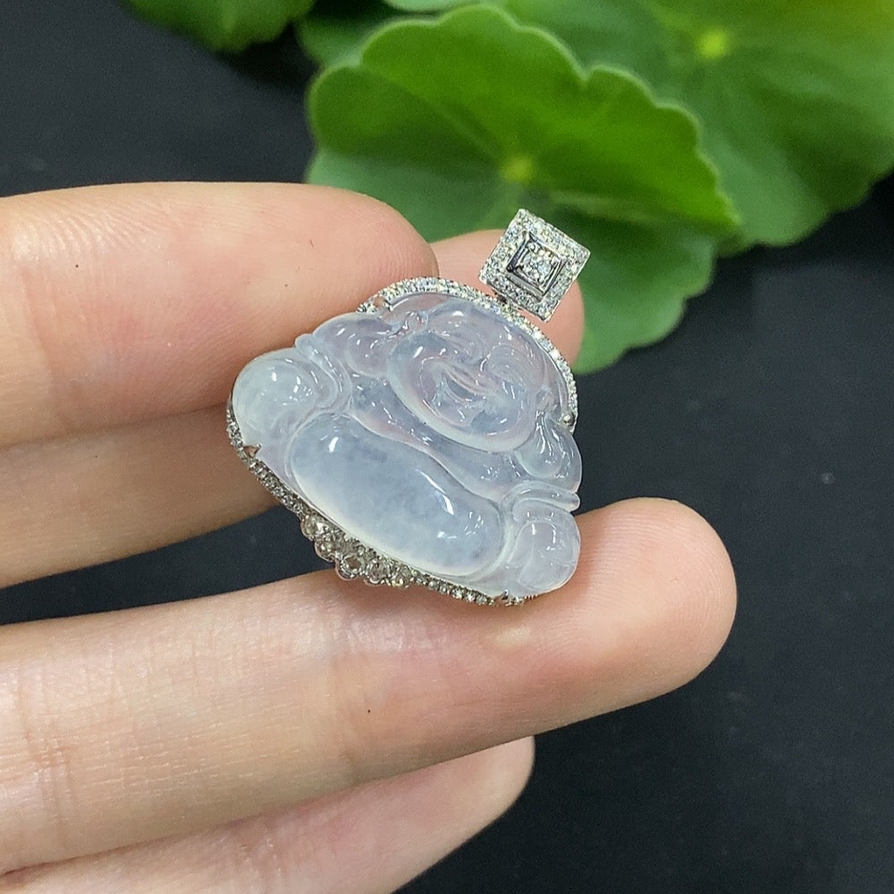 Jadeite Buddha Pendant Set in 18K Gold with Diamond Accents, Total Weight Approximately 4.06g