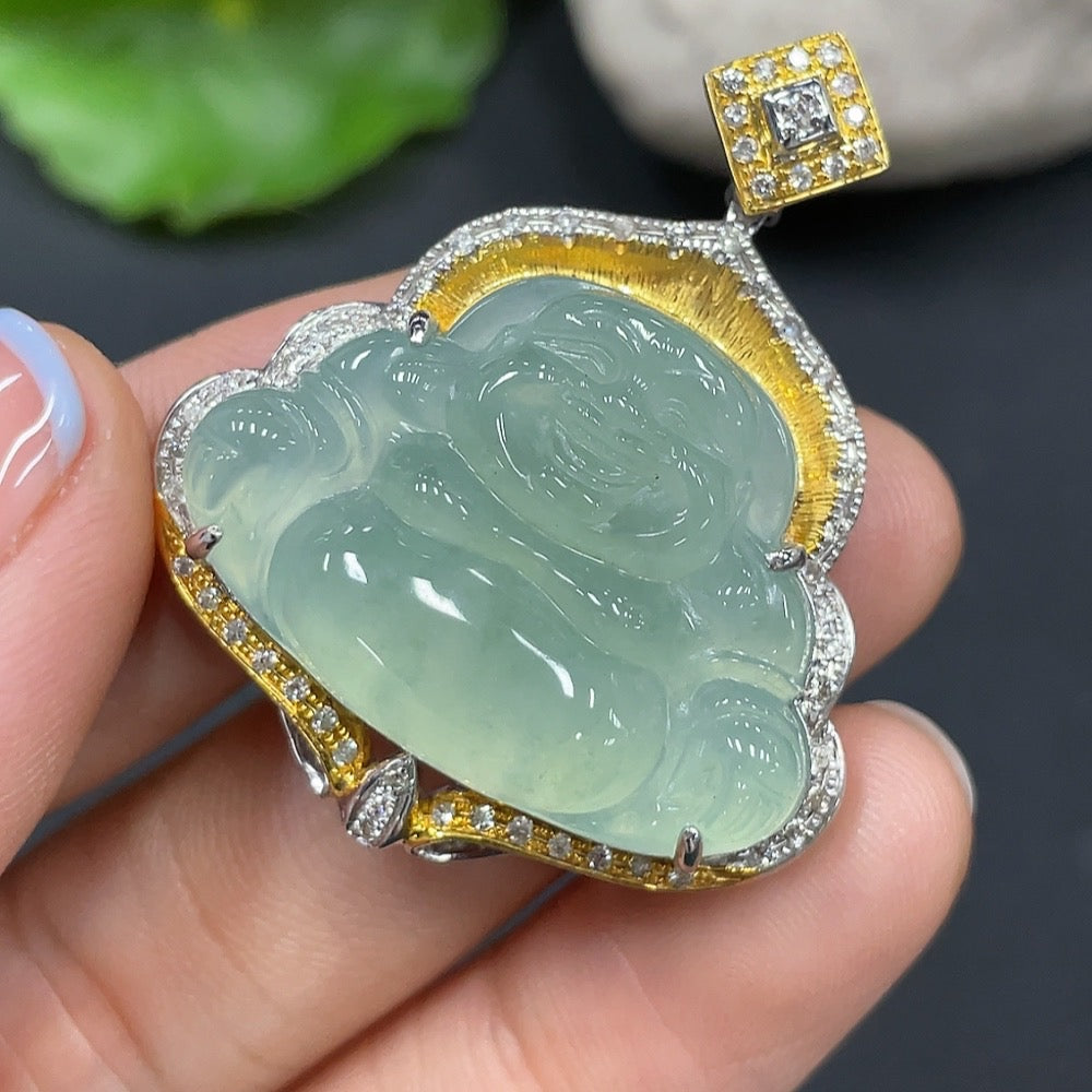 Jadeite Buddha Pendant with 18K Gold Setting, Total Weight Approx. 10.1g