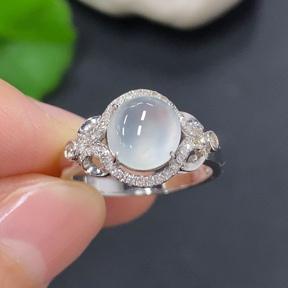 HKHQ jadeite cabochon ring with diamond accents in 18K gold, size 12, featuring a polished green jade stone.