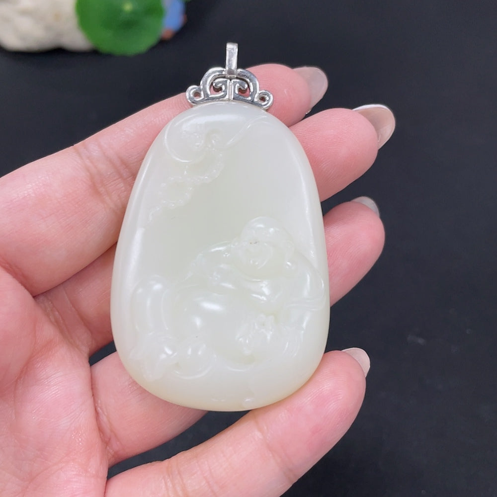 Hetian Jade Inlaid Pendant - Buddha, Total Weight Approx. 52.5g, Non-Gold
