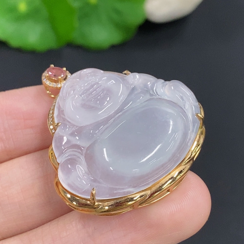 Jadeite Buddha Pendant (with Tourmaline) 18K Gold Total Weight Approx. 10.5g Diamond Accents