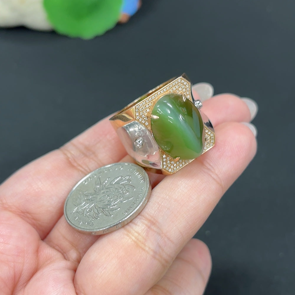 Hetian Jade Jasper cabochon inlaid ring with 18K gold, accented with diamonds, size 27, HKHQ jewelry, elegant and detailed design