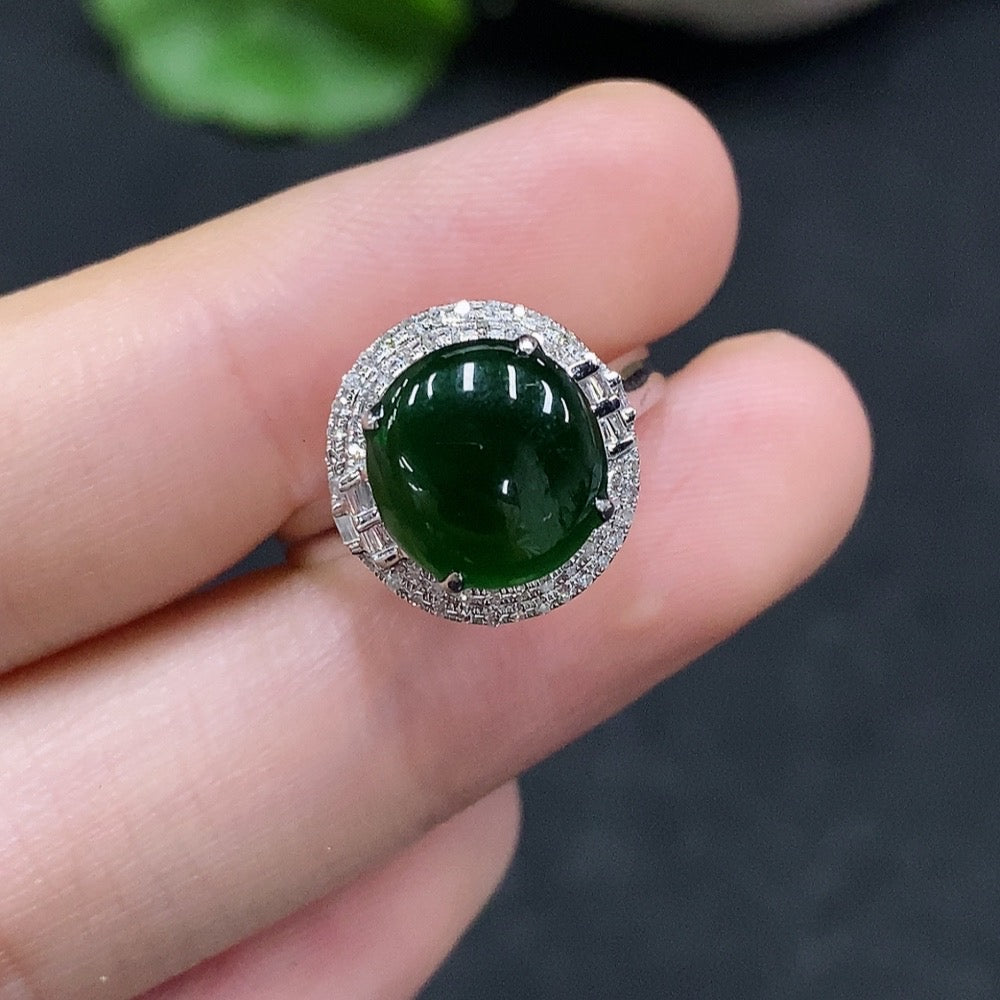 Jadeite Cabochon Ring with 18K Gold and Diamond Accents, Size 13, Total Weight Approx. 2.47g