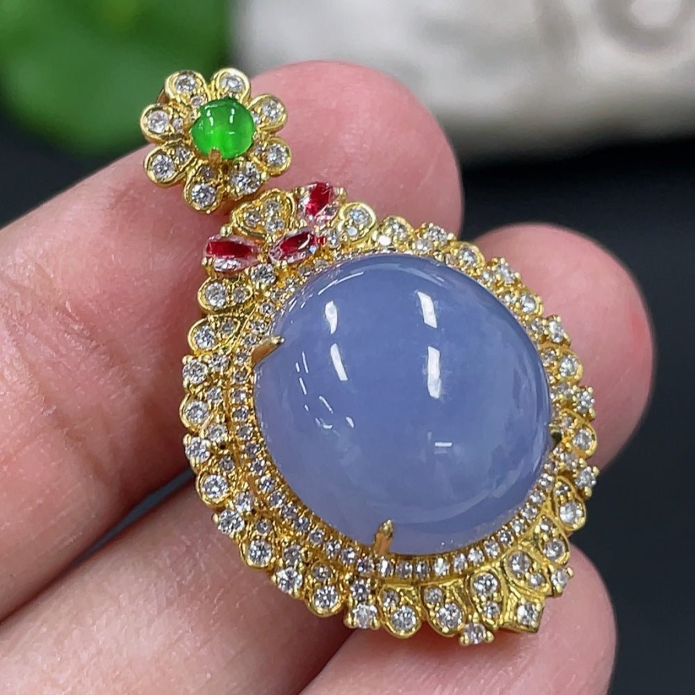 Jadeite Cabochon Pendant with 18K Gold Setting, Non-Diamond Accents (Medium 3 Pieces)