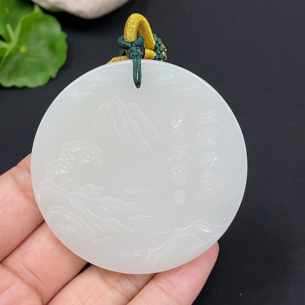 Hetian Jade Pendant Landscape Plaque Total Weight (with rope): 45.7g