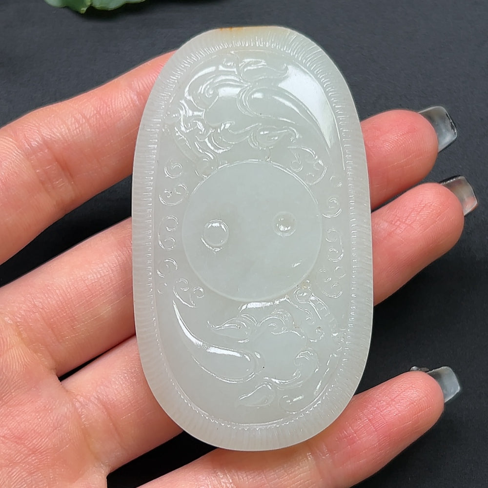 HKHQ Hetian Jade Chinese Dream Ornament showcasing smooth, polished jade with intricate carvings and traditional design details.