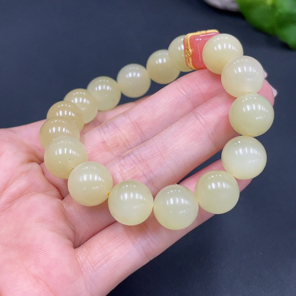Hetian Jade Beaded Bracelet, Approx. 12mm, Total Weight Approx. 46.6g, Non-Hetian Jade Beads Included