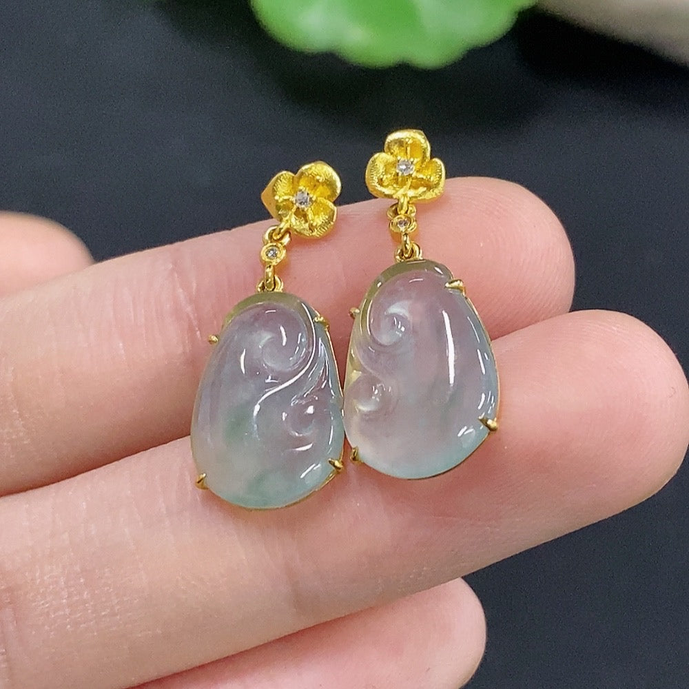 Jadeite Ruyi Inlaid Earrings 18k with Diamond Accents Total Weight Approx. 2.26g