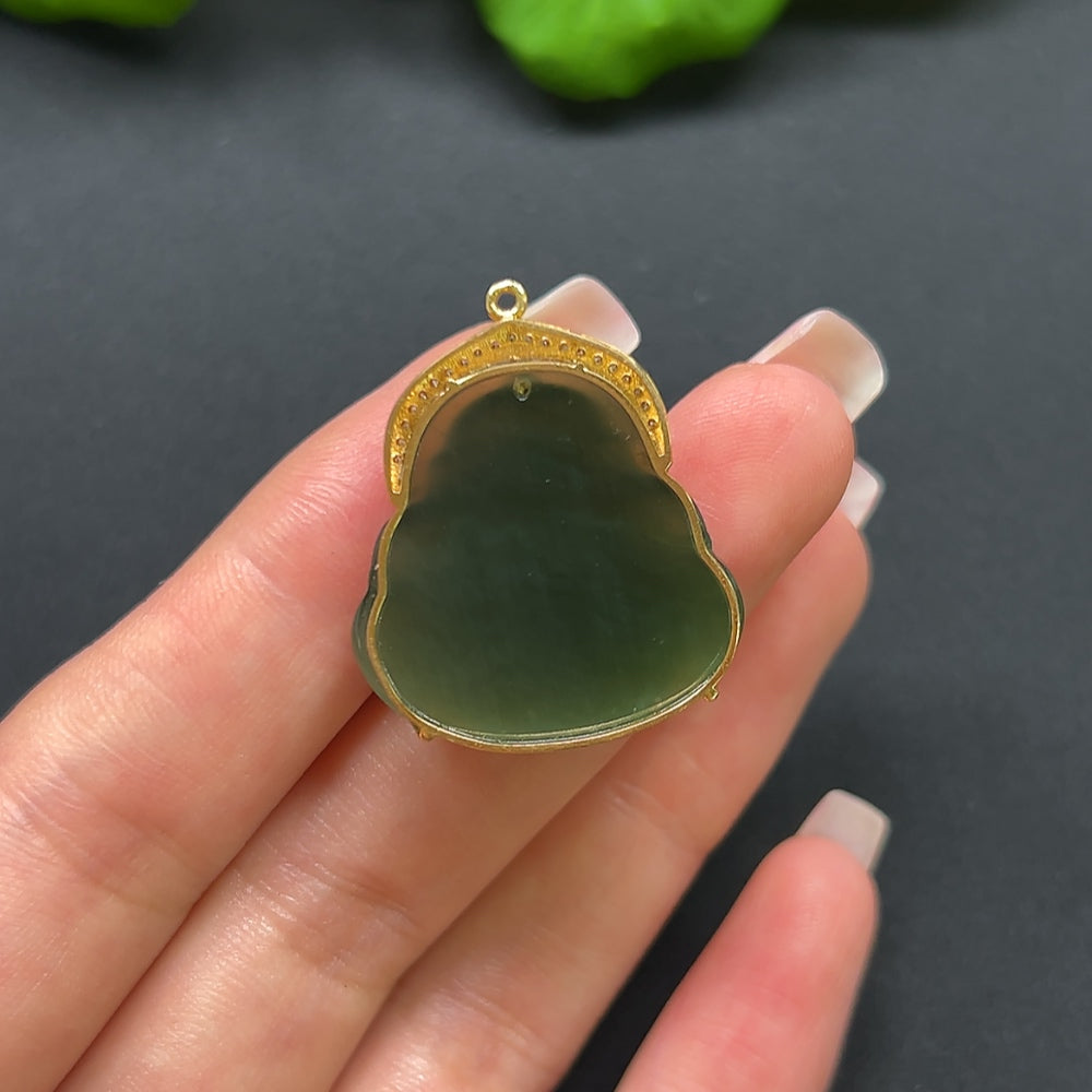 Hetian Jade Jasper Buddha Pendant with 70% Gold and Diamond Inlays