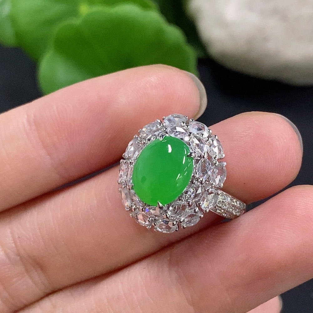 Jadeite Cabochon Solitaire Ring with 18K Gold and Diamond Accents