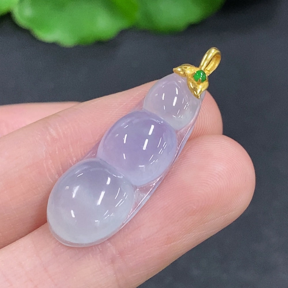 Jadeite lucky bean pendant with 18k gold clasp, smooth green jade, lightweight jewelry piece, crafted by HKHQ.
