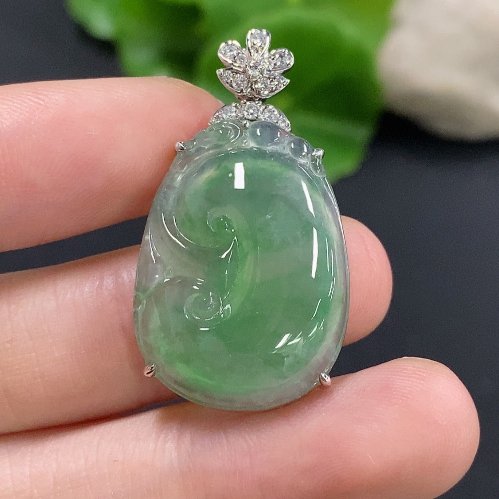 Jadeite Ruyi pendant with 18K gold and diamond accents, showcasing intricate inlay and craftsmanship, weight approximately 5.64g