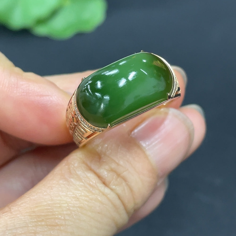 Hetian Jade Jasper inlaid ring with 18k gold band, diamond accents, size 23, weighing 5.3g, by HKHQ