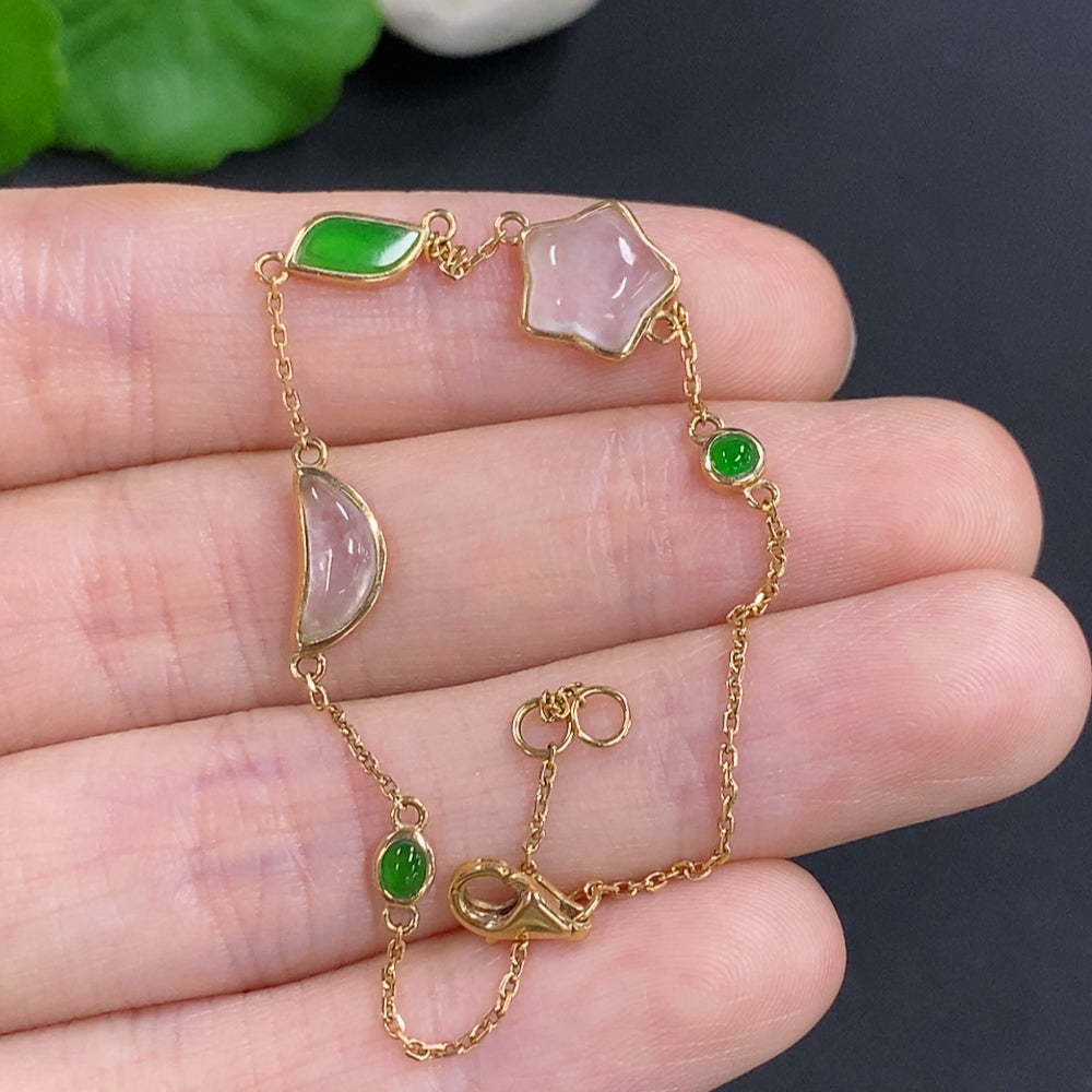 HKHQ jadeite bracelet with 18k gold inlay and green non-A grade stones, delicate and detailed jewelry piece.