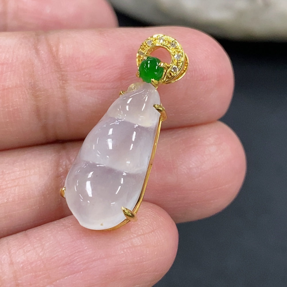 Jadeite Blessed Bean Pendant, 18K Gold Setting with Diamond Accents