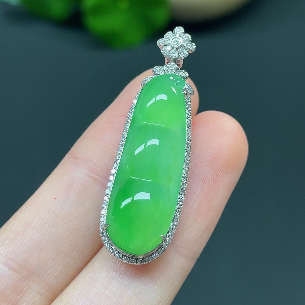 Jadeite Bean Pendant with 18K Gold and Diamond Accents