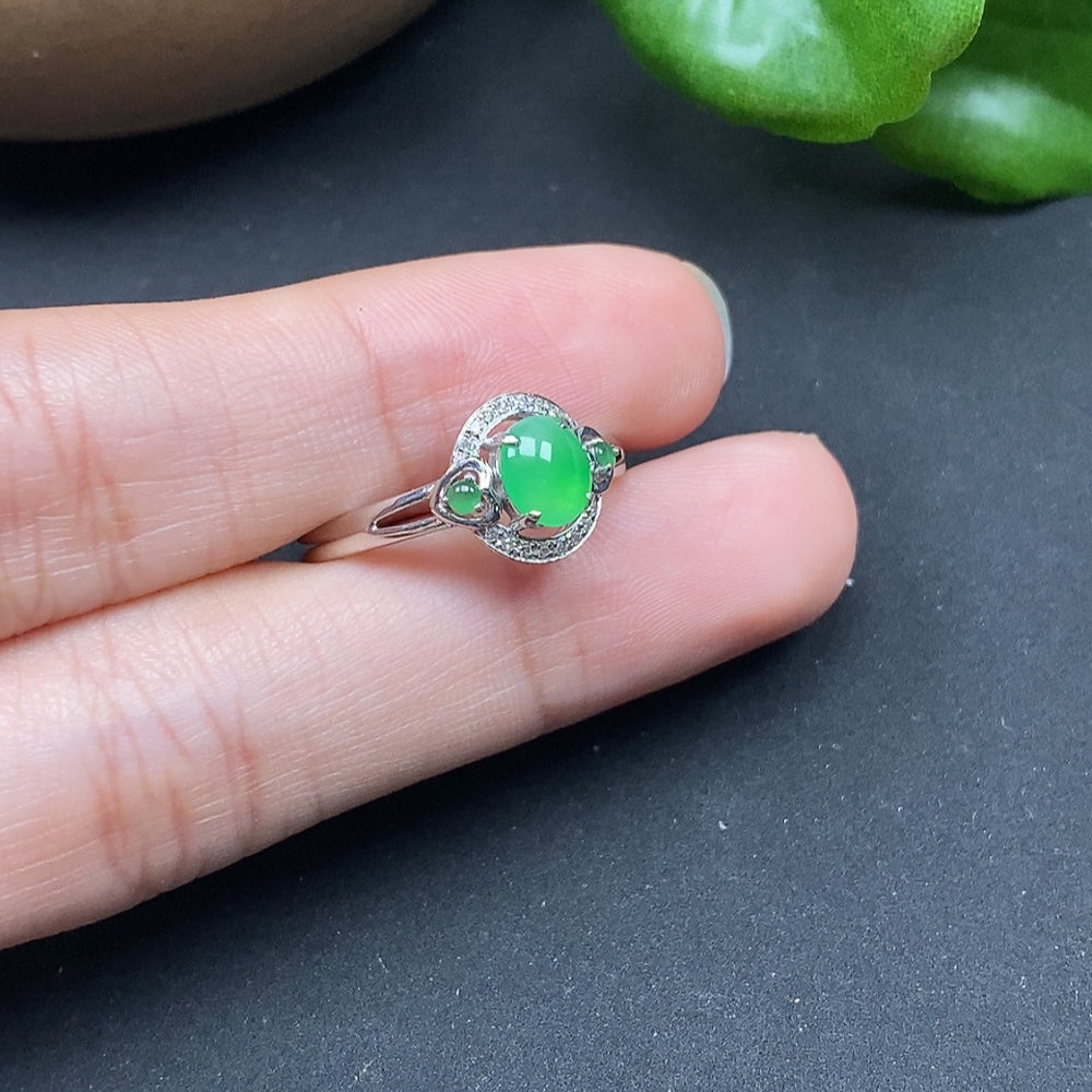 Jadeite inlaid ring with diamond accents, size 18, 18k gold, from HKHQ, featuring intricate jade design and sparkling diamonds.
