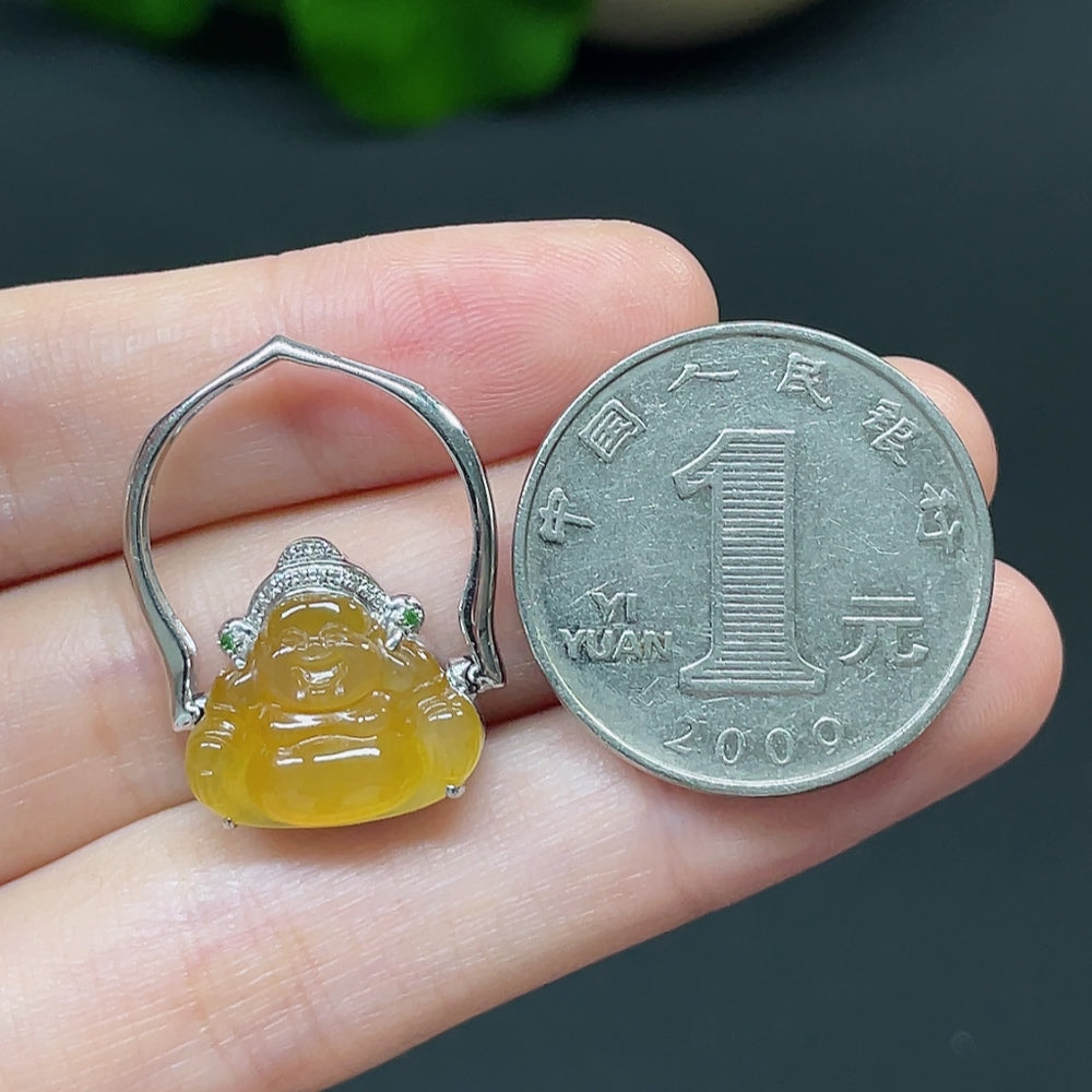 Jadeite Buddha Blessing Inlaid Pendant with 18K Gold and Diamond Accents (Colorless) Color Origin Undetermined