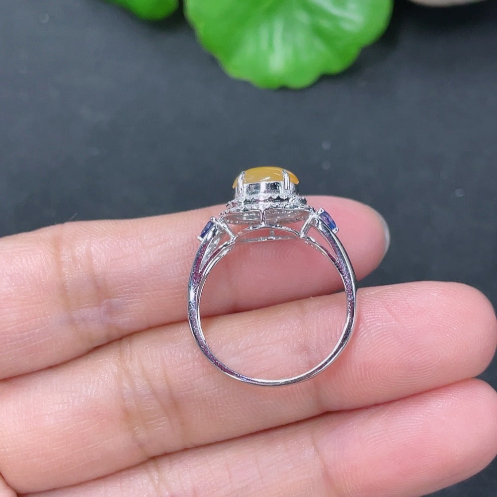 HKHQ jadeite inlaid ring with 18k gold and colorless diamonds, size 13, featuring intricate jade design and elegant craftsmanship