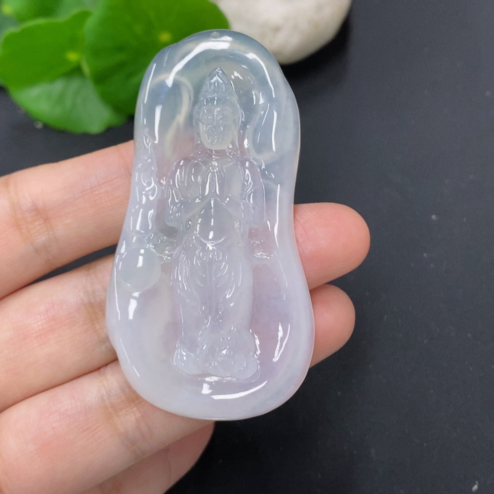 Jadeite Guanyin pendant necklace from HKHQ, featuring a carved figure of Guanyin on polished jadeite stone, weighing approx. 21.7g.