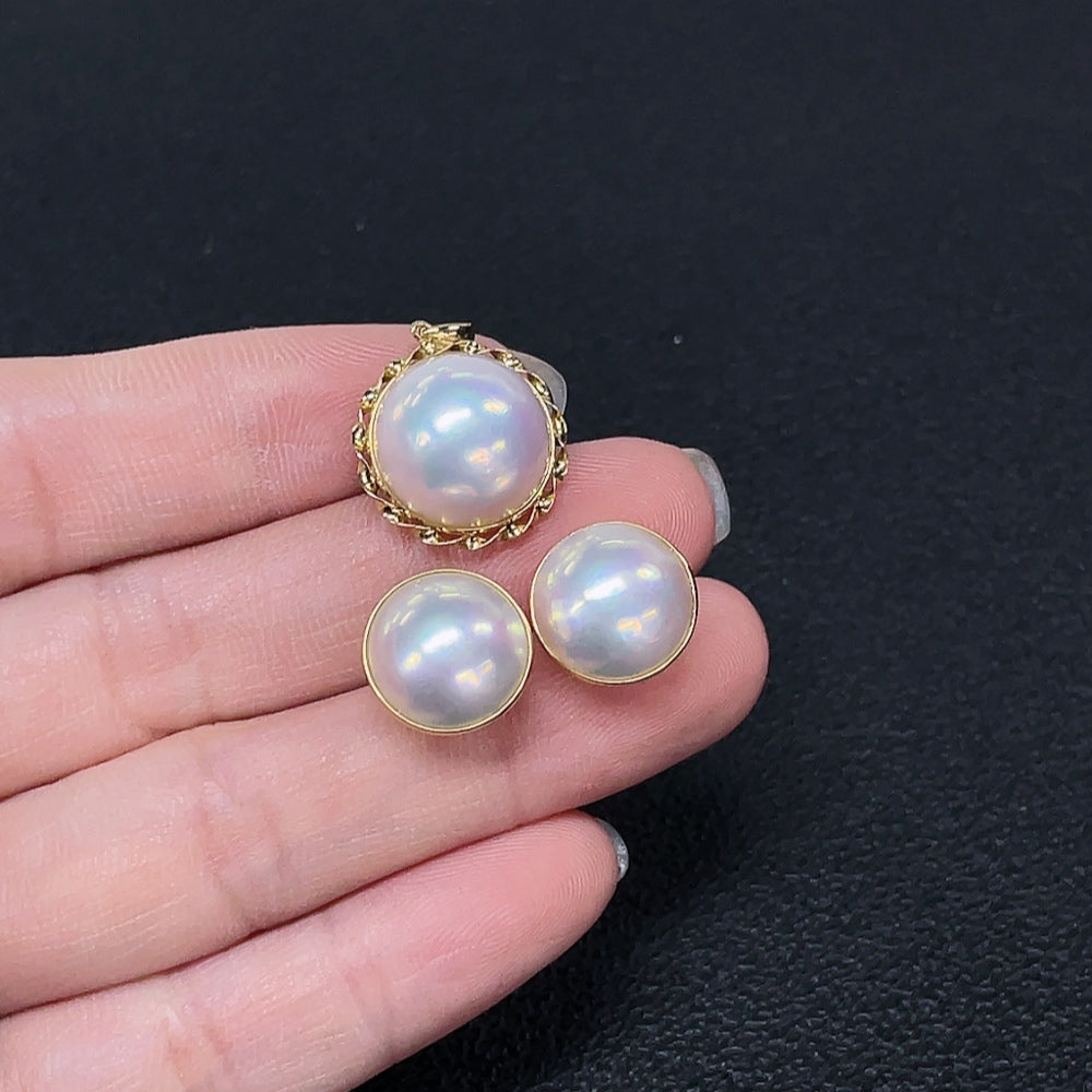 Composite Saltwater Pearl Pendant and Earring Set, 18K Gold