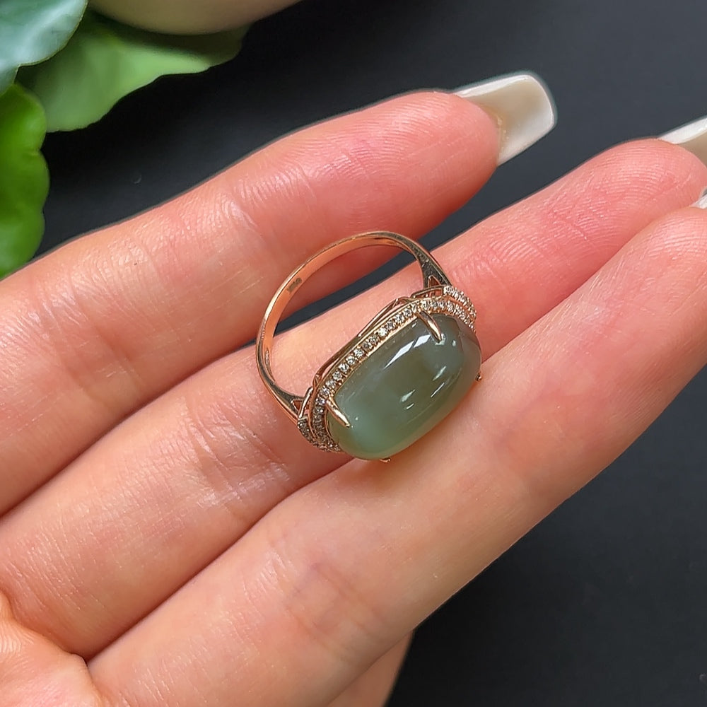 Hetian Jade Inlaid Ring 18K Gold with Diamond Accents